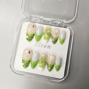 Elven Green and Zebra Almond Shape Handmade Press On Nails Set